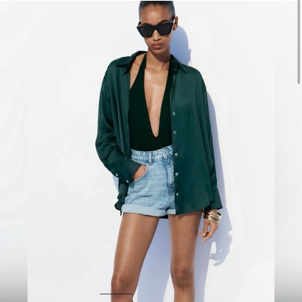 Zara Oversized Green Long Sleeve Button Down Shirt